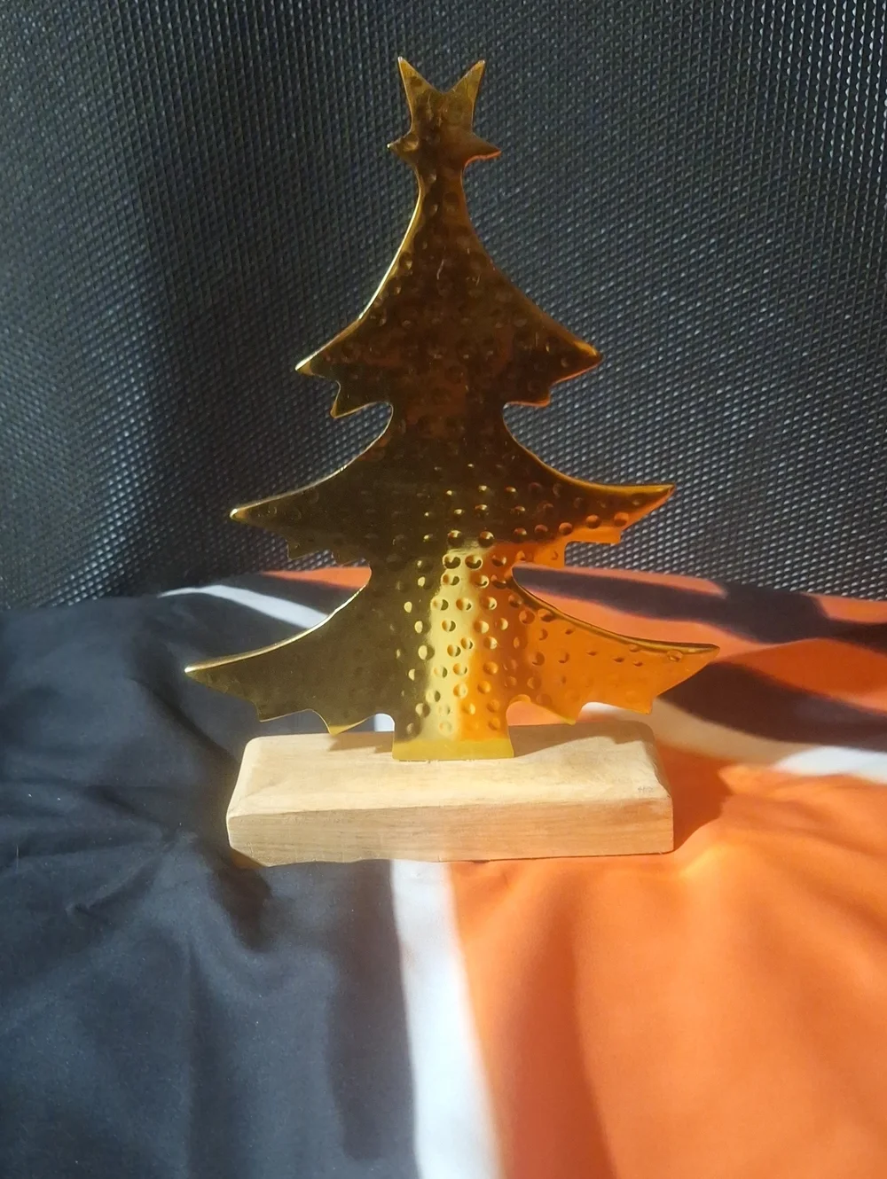 Gold Metal Christmas Tree Holiday Decor on Wood Base
